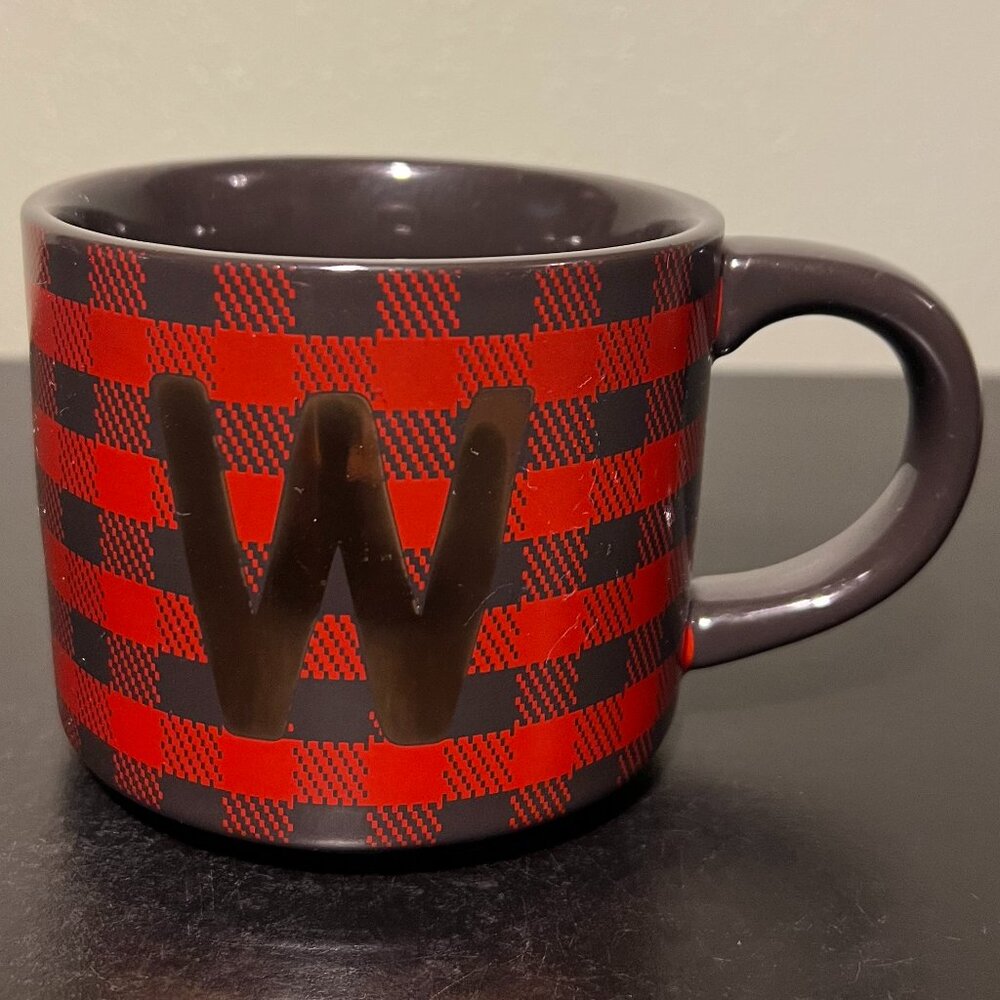 THRESHOLD Letter W Monogram Initial Gray Red Buffalo Plaid Stoneware Coffee Mug